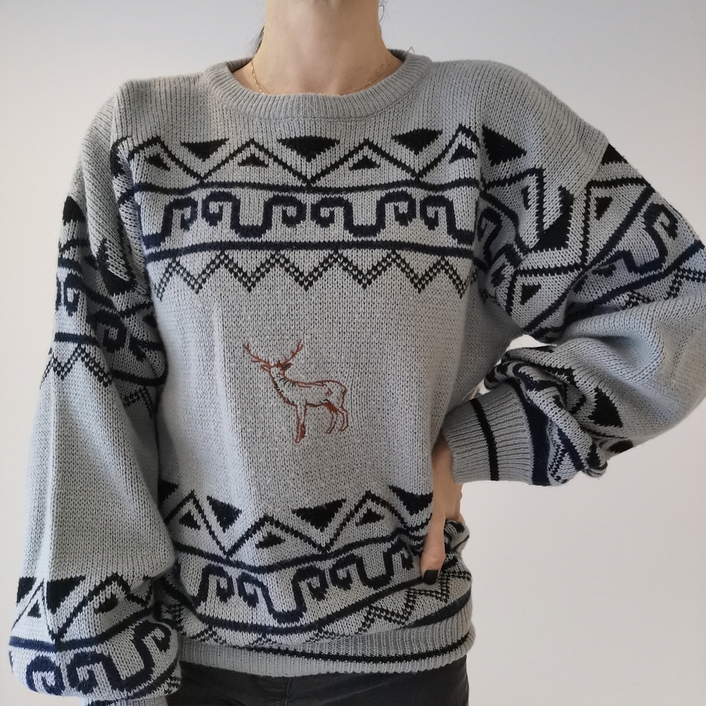 M/L vintage geometric knit sweater, unisex retro Christmas jumper with deer
